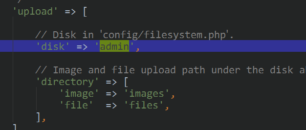 laravel-admin 报错 Disk [admin] not configured, please add a disk config in `config/filesystems.php`....