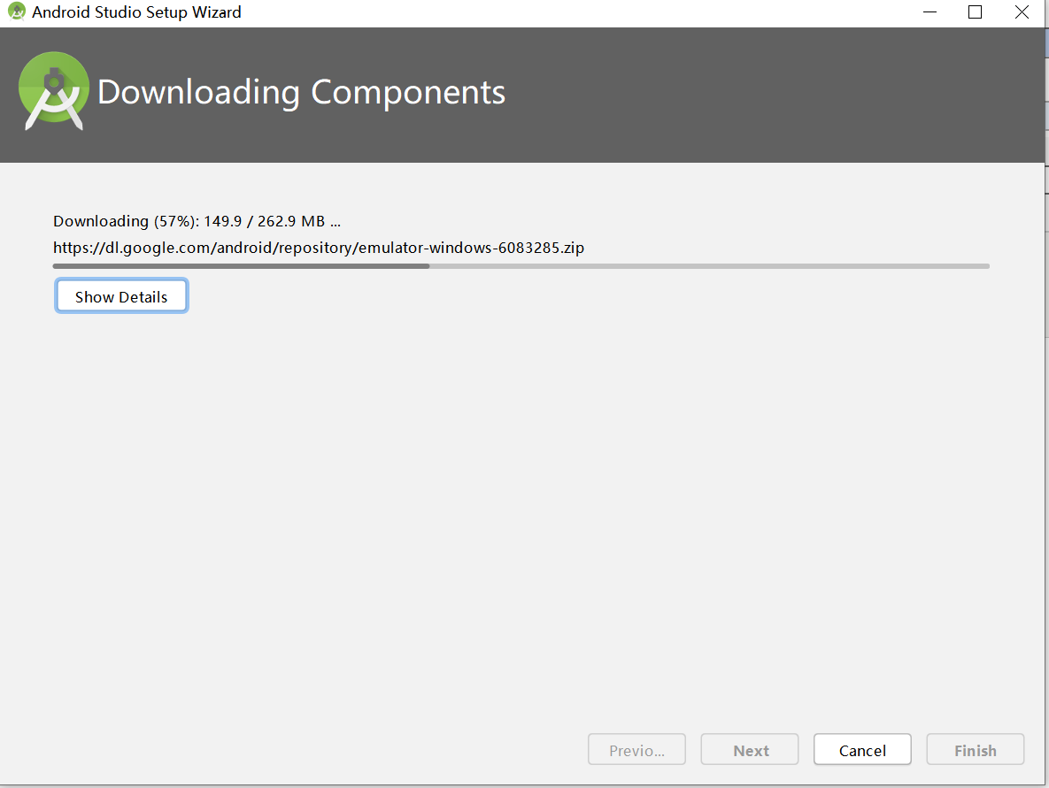 Downloading components. Android Studio Setup Wizard.