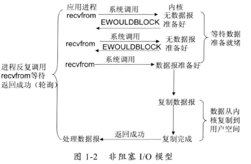 图1-2 同步非阻塞 IO (nonblocking IO)