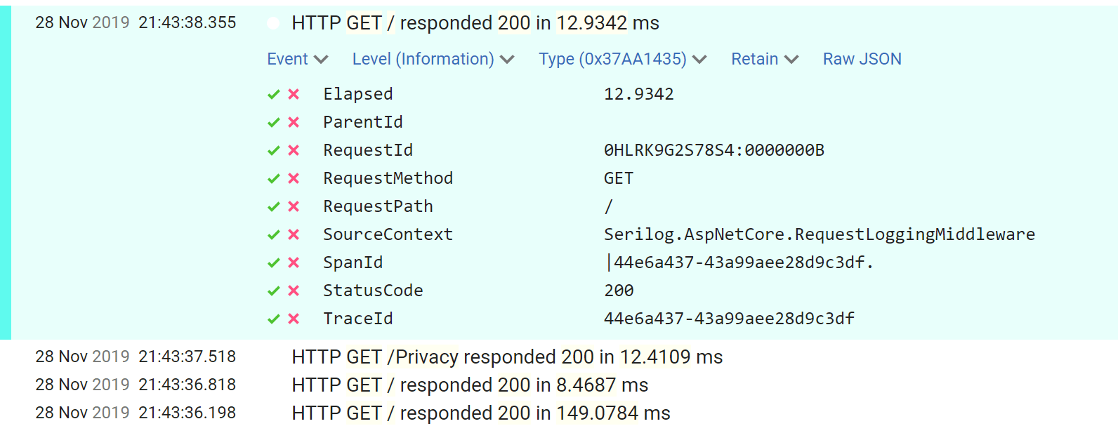 到Seq的RequestLoggingMiddleware日誌顯示結構化日誌包括其他屬性