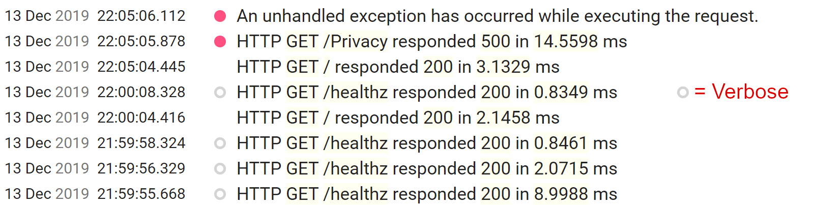 Seq screenshot showing a health check request using detailed level