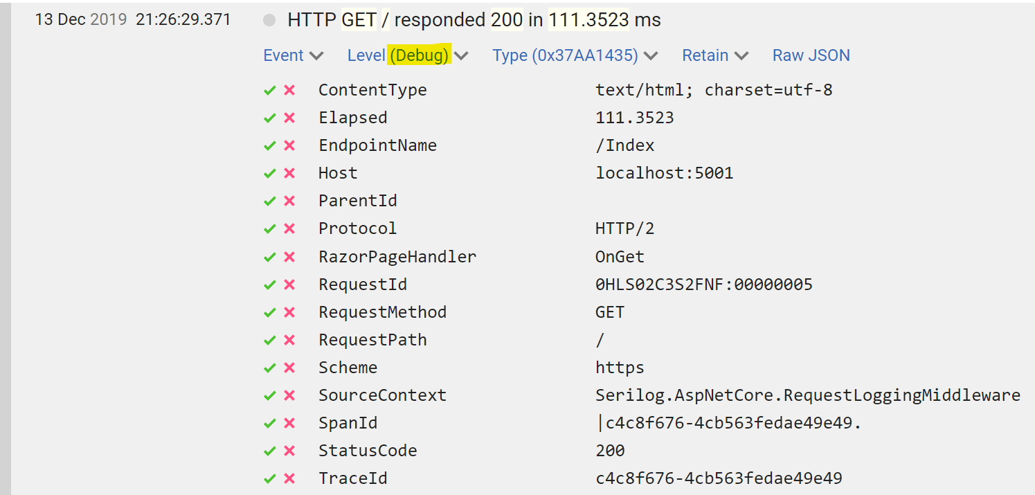 Display the sequence of debug request logs