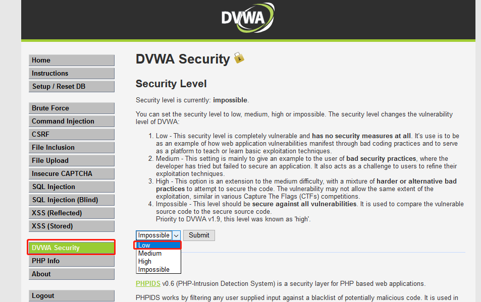 修改DVWA安全等级