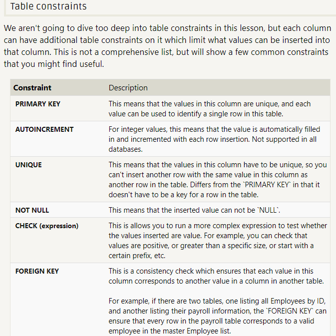 table constraints 约束