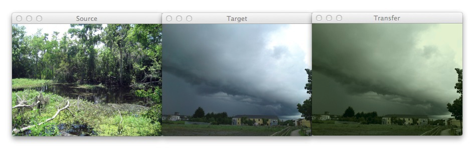 Figure 2: Using color transfer to make storm clouds look much more ominous using the green foliage of a forest scene.