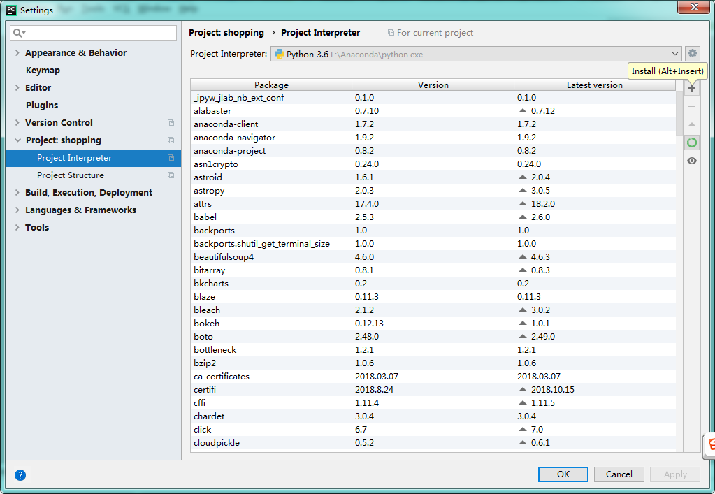 点击票Project shopping ----> Project Interpreter  ---> 右上角的加号