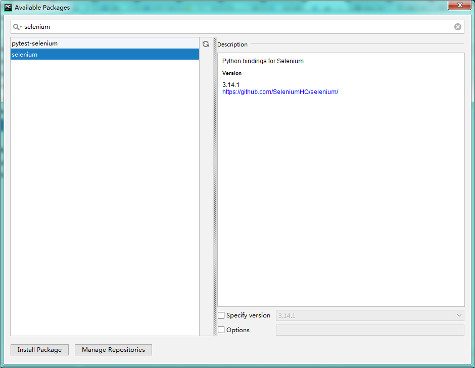 在搜索框写selenium ,然后点击左下角的Install Package