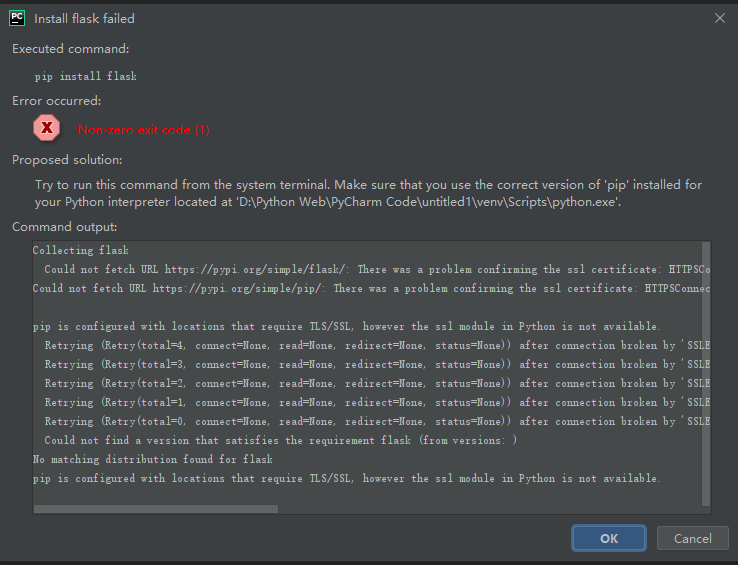 Error messages encountered when creating a project PyCharm