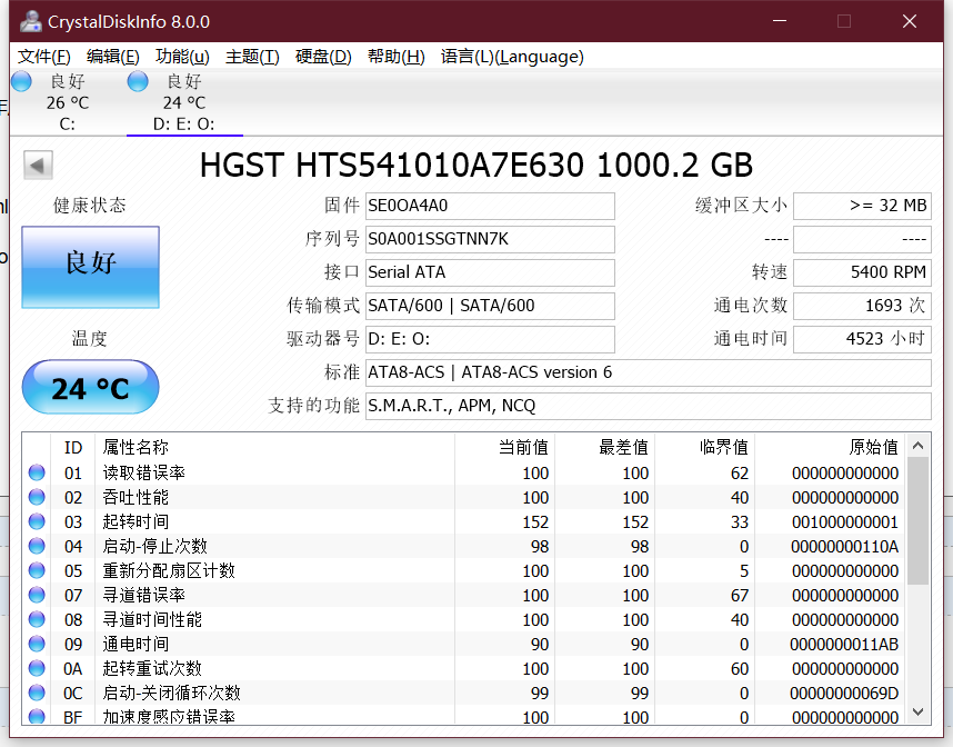 CrystalDiskInfo软件界面