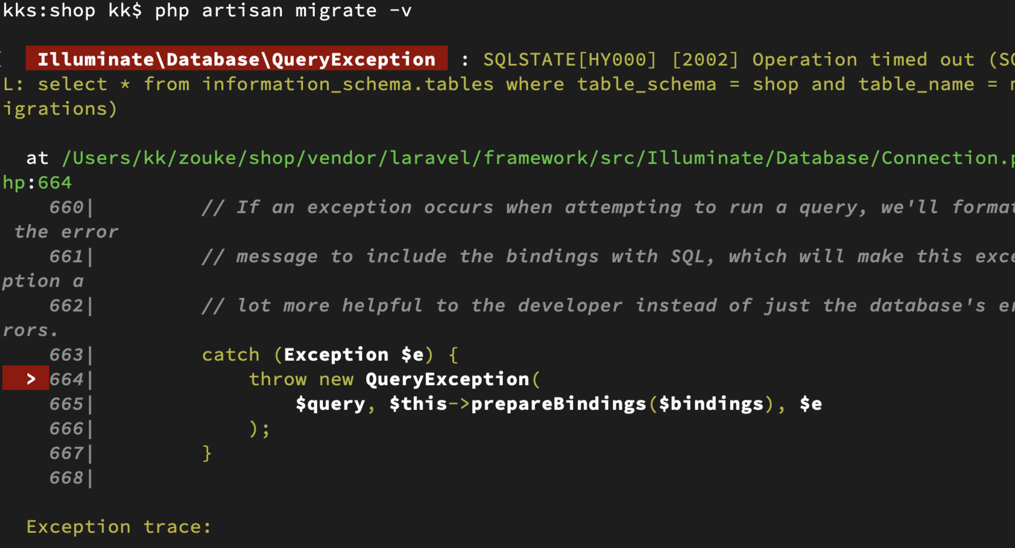 Sqlstate hy000 2002 connection refused. Error php Artisan migrate. Catch (exception $e) { Throw New QUERYEXCEPTION( $query, $this->PREPAREBINDINGS($Bindings), $e ); }.