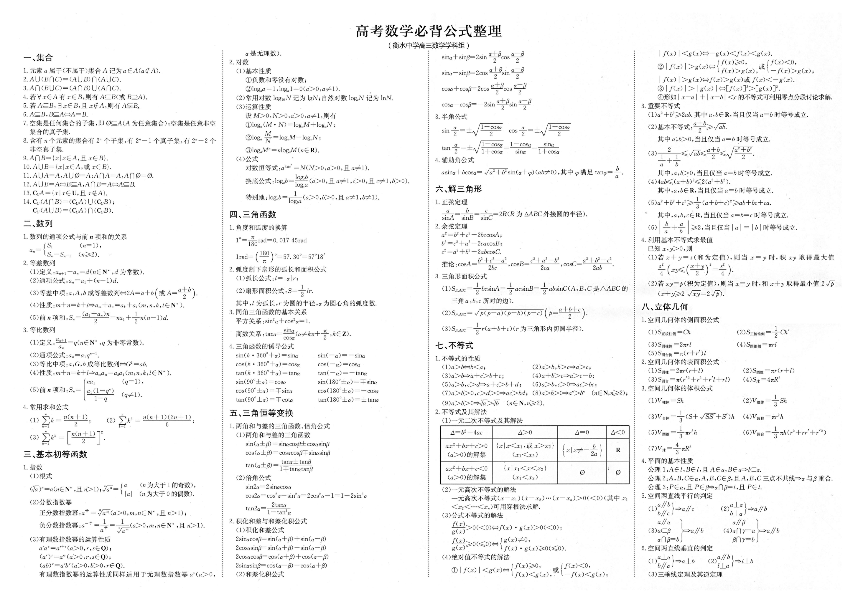 高考数学必背公式整理 衡水中学高中数学组 Weixin 的博客 Csdn博客