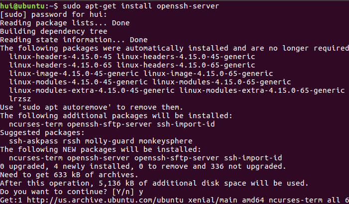 安装ssh服务器:sudo apt-get install openssh-server