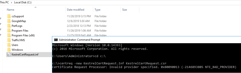 Certificate Request Processor Invalid Provider Specified 0x80090013 